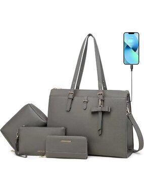 Stylish 4pc Laptop Bag Set for Women - Large Leather Briefcase with USB Charging